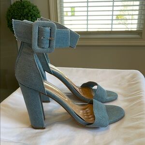 Stylish Blue Denim Ankle Strap Heeled Sandals